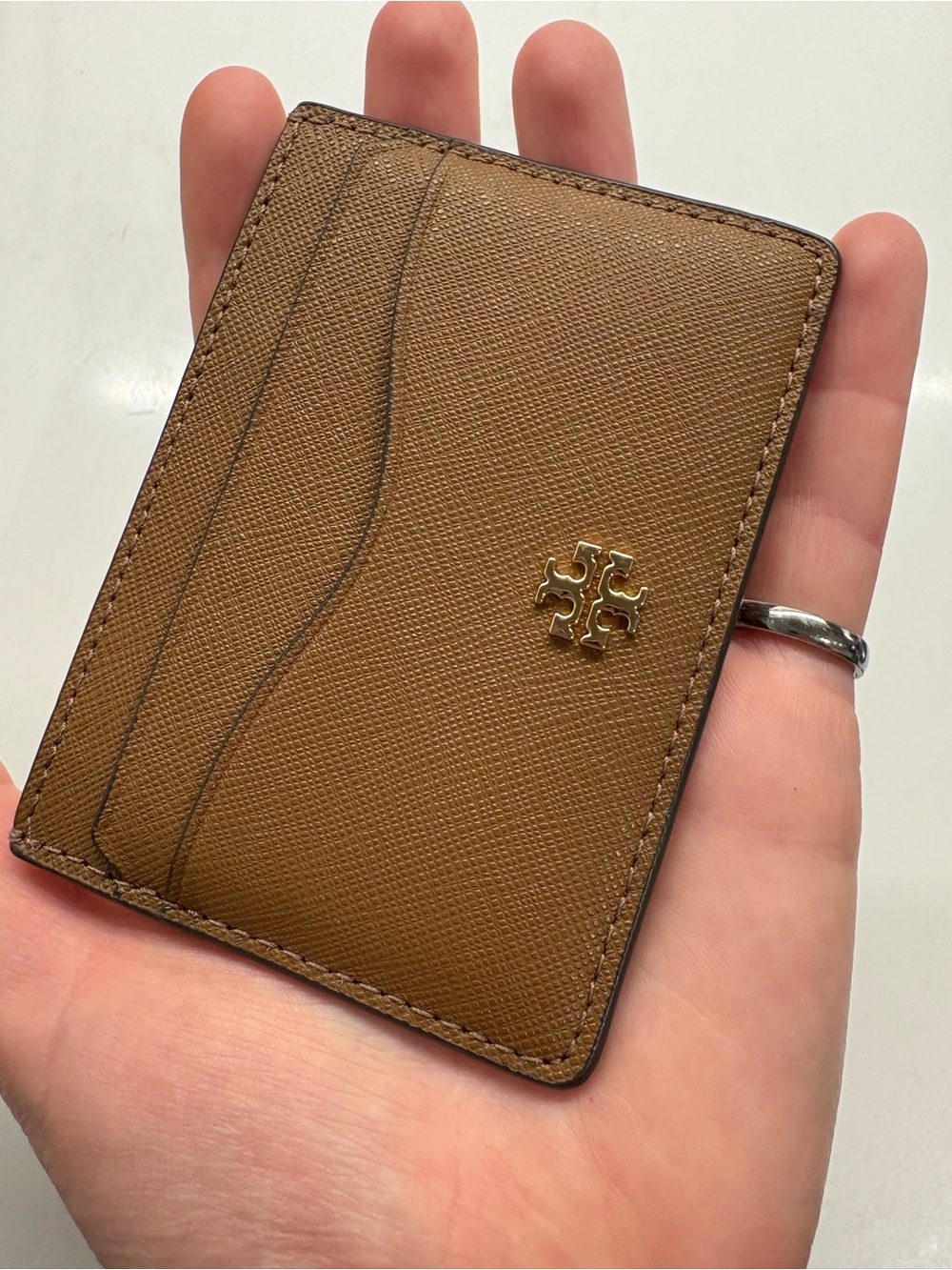 Tory Burch Tan Leather Card Holder with Gold Logo
